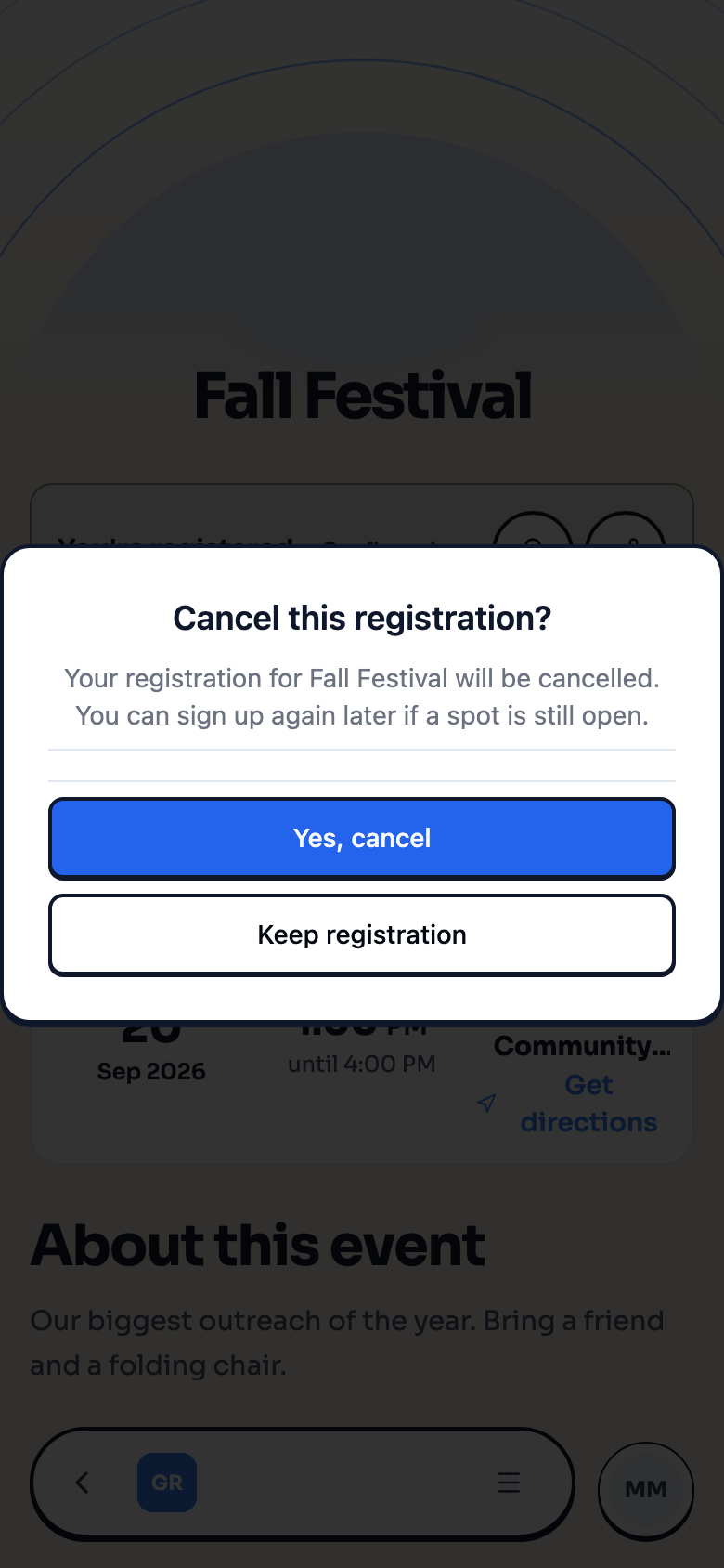 The cancel confirmation dialog with Keep registration and Yes, cancel