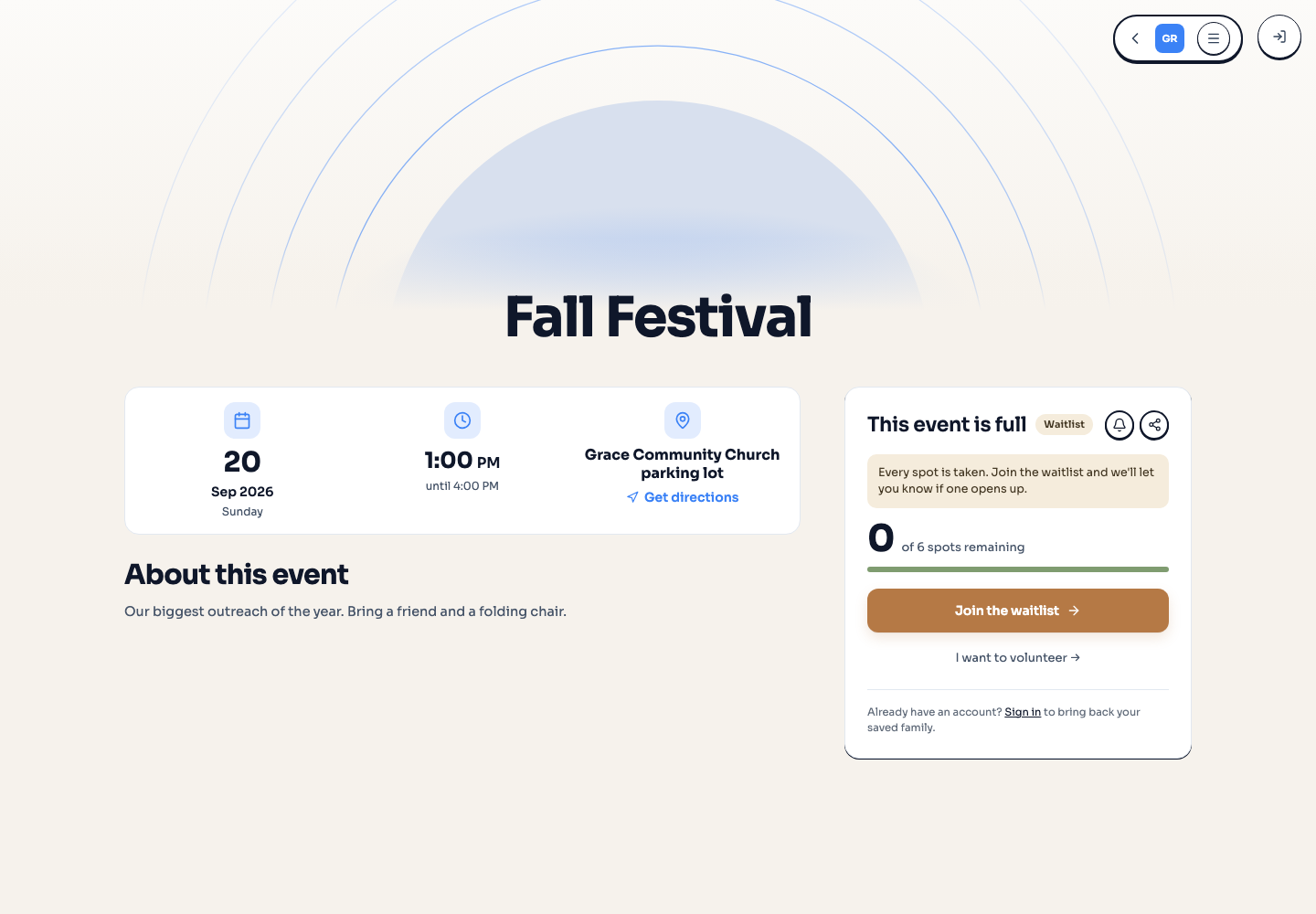 A full event's public card reading This event is full with a Join the waitlist button and a volunteer link