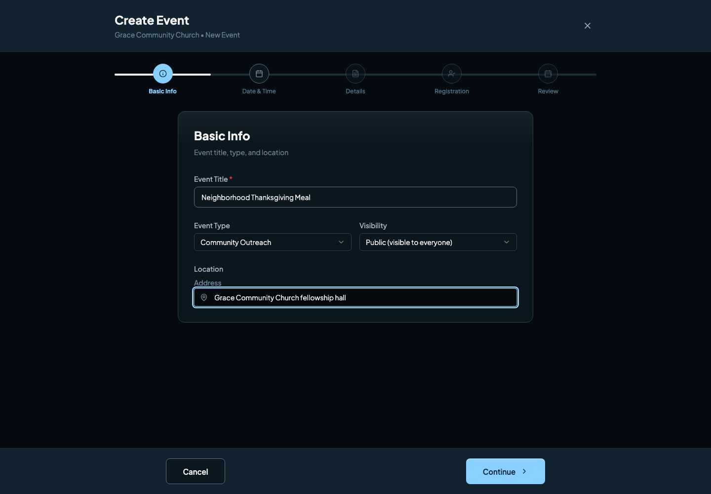 The Basic Info step with an event title, Community Outreach type, Public visibility, and a street address