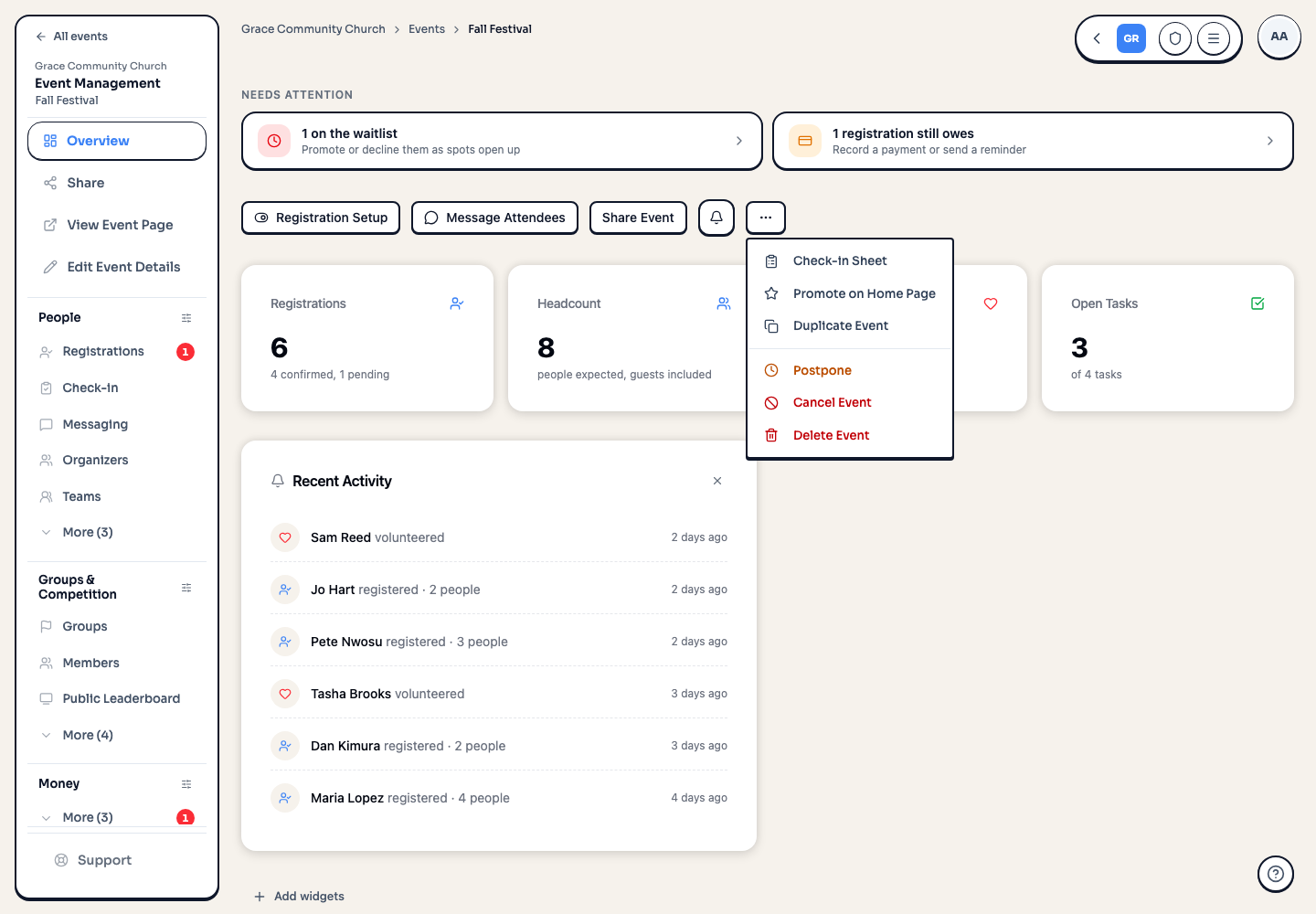 Event Overview showing needs-attention cards, registration counts, recent activity, and the more-actions menu open