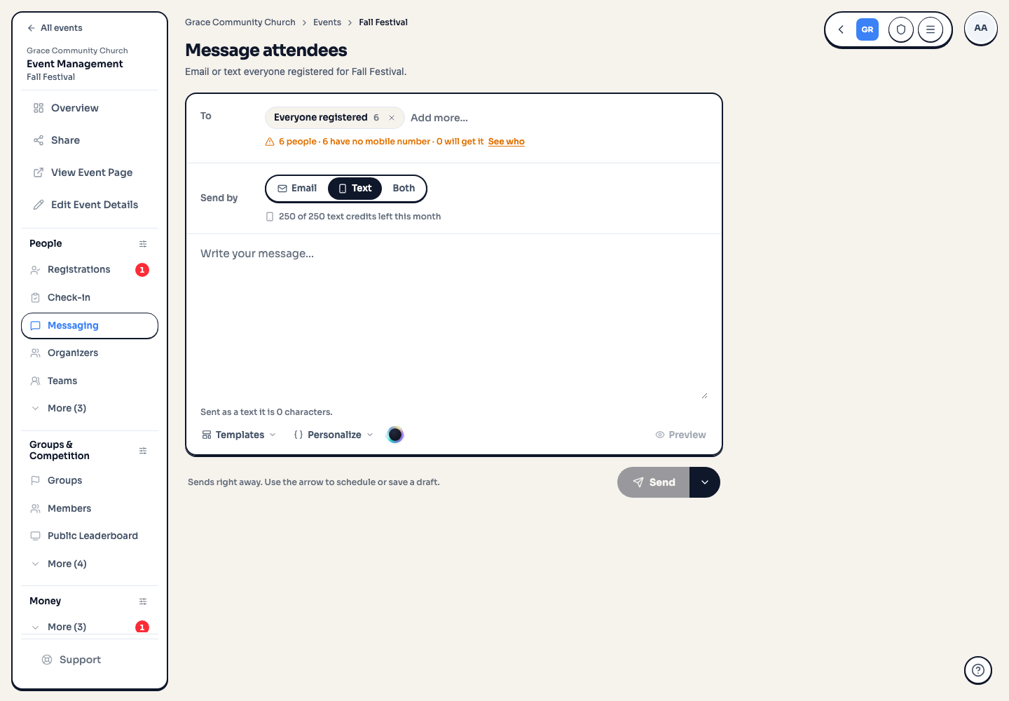 The composer set to Text, warning that six people have no mobile number and none will get it, with a See who link and a greyed-out Send button