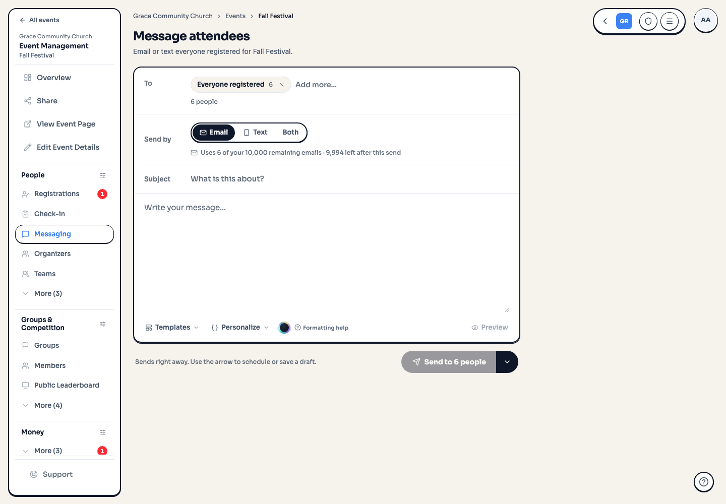 The message composer with Everyone registered already in To, the Email, Text and Both choice, a subject field and a Send to 6 people button