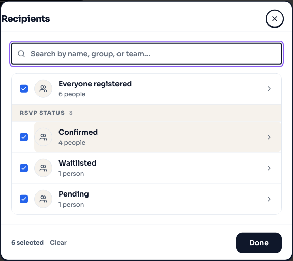 The Recipients dialog listing Everyone registered plus RSVP status groups for confirmed, waitlisted and pending people