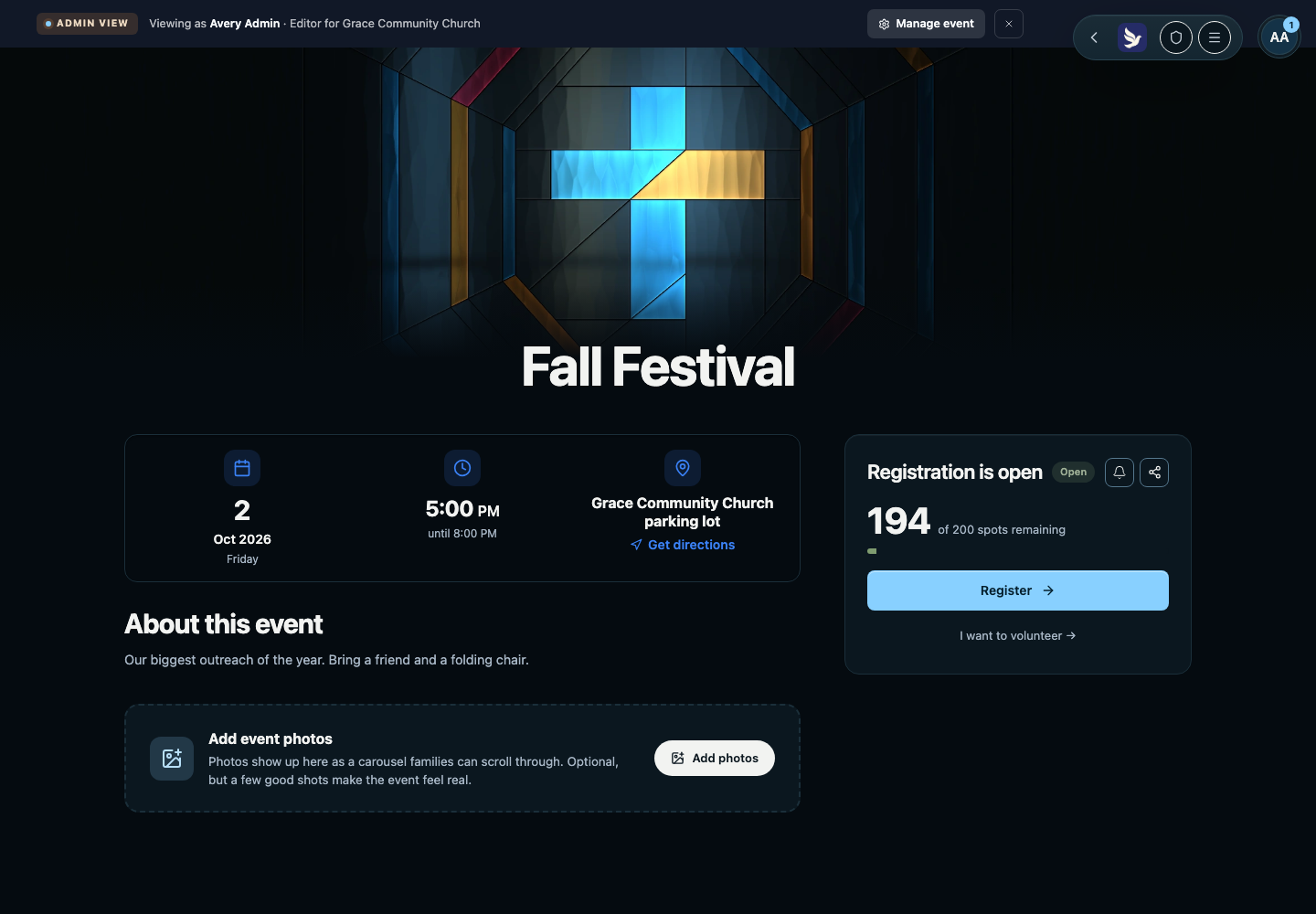 The public event page showing Registration is open, spots remaining, a Register button, and a volunteer link