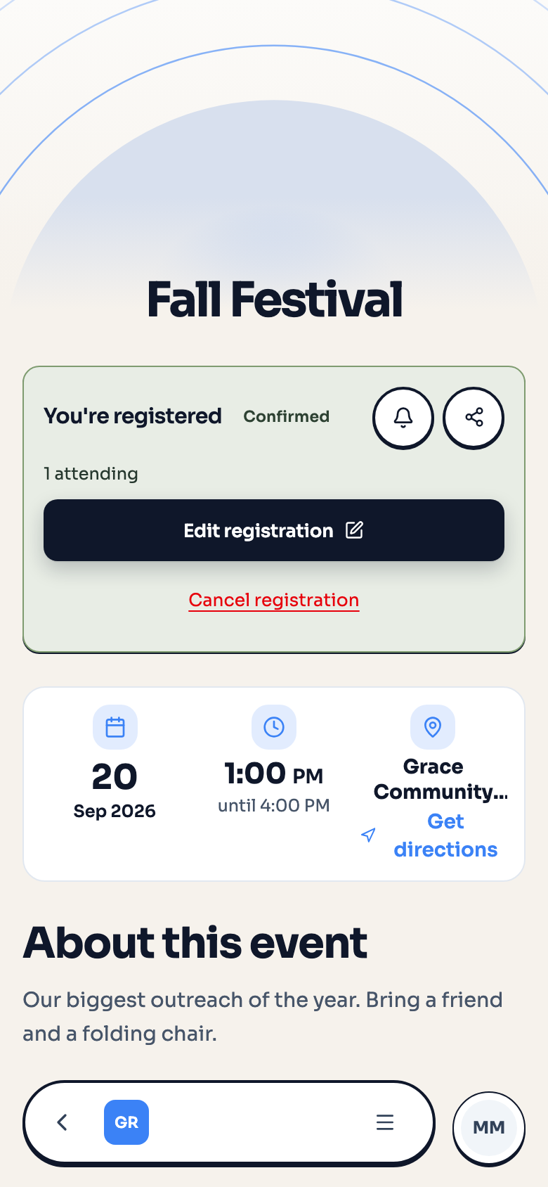 An event page on a phone showing You're registered, Confirmed, 1 attending, with Edit registration and Cancel registration
