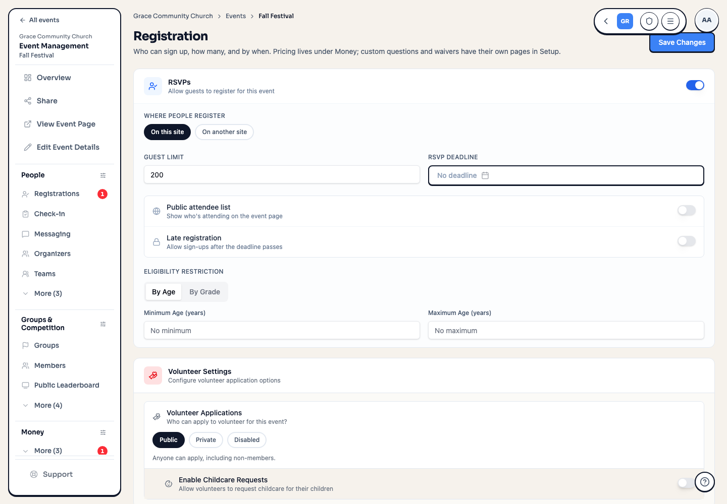 The Registration setup page showing the RSVPs switch, where people register, guest limit, deadline, late registration, and eligibility restriction