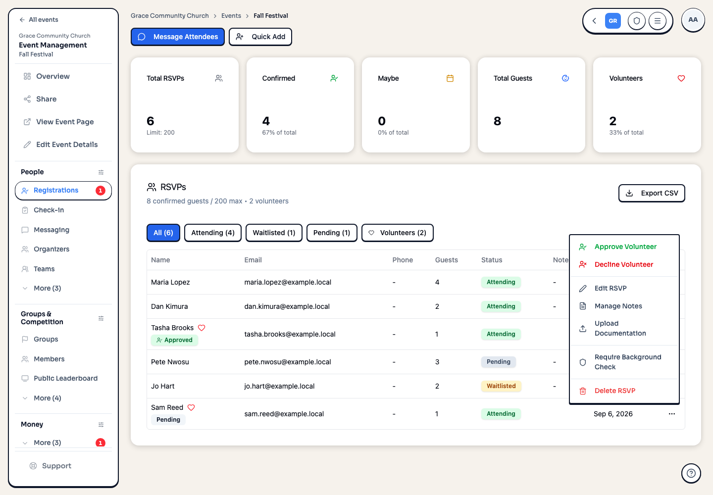 A volunteer row's actions menu open, showing Approve Volunteer, Decline Volunteer, Manage Notes, Upload Documentation, and Require Background Check