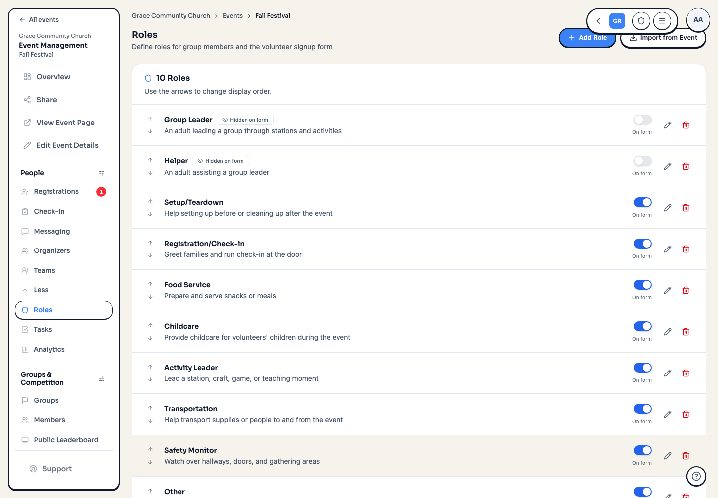 The Roles page listing the standard volunteer roles with On form and Hidden on form markers