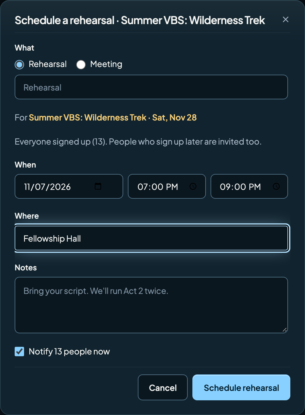 The Schedule a rehearsal dialog on an event, with date, time, place and notes