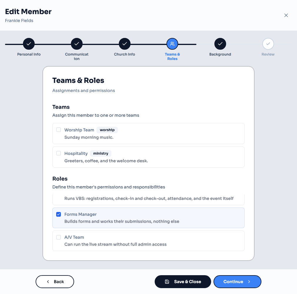 The Teams and Roles step in Edit Member with the Forms Manager role selected