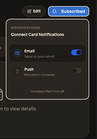 A form notification menu showing personal Email and Push channel switches