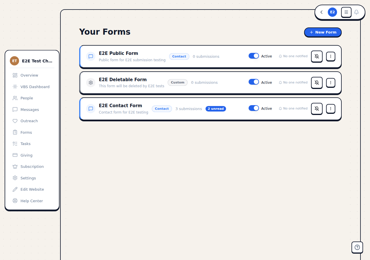 The Forms management page showing a list of forms with type tags, submission counts, and action menus