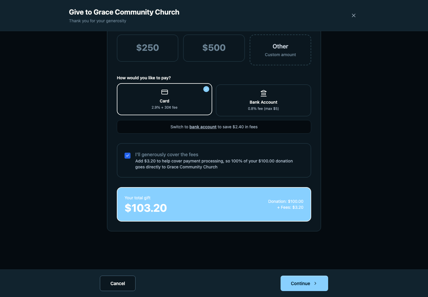 Giving form showing a donation amount, card and bank options, and processing fees