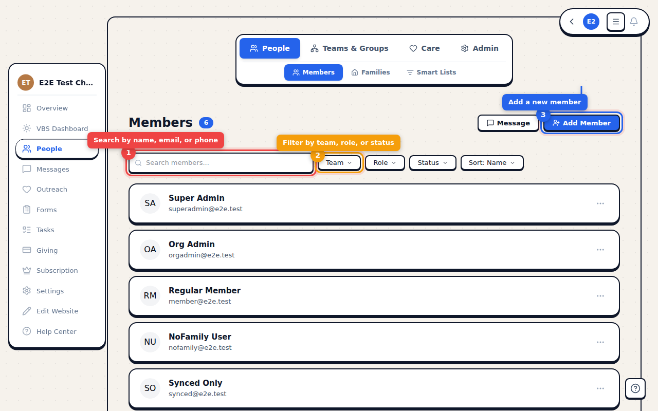 The member directory with numbered callouts highlighting key features: (1) search bar, (2) filter pills, (3) Add Member button