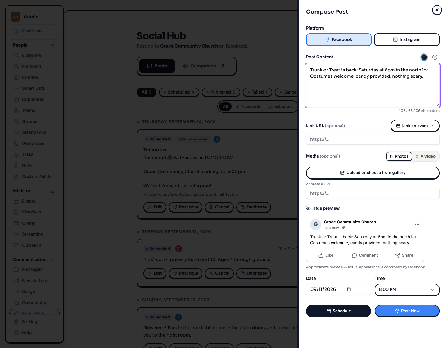 The compose drawer with the platform choice, post text, media buttons, a live preview, and date and time fields