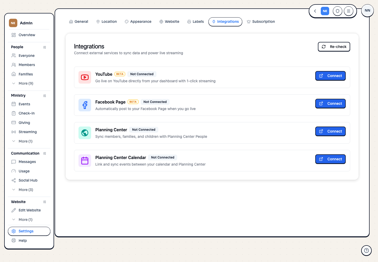 The Integrations settings page with the Facebook Page card showing Not Connected and a Connect button