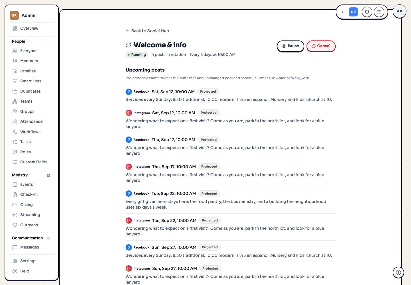 Upcoming evergreen posts listed per platform with Scheduled and Projected labels