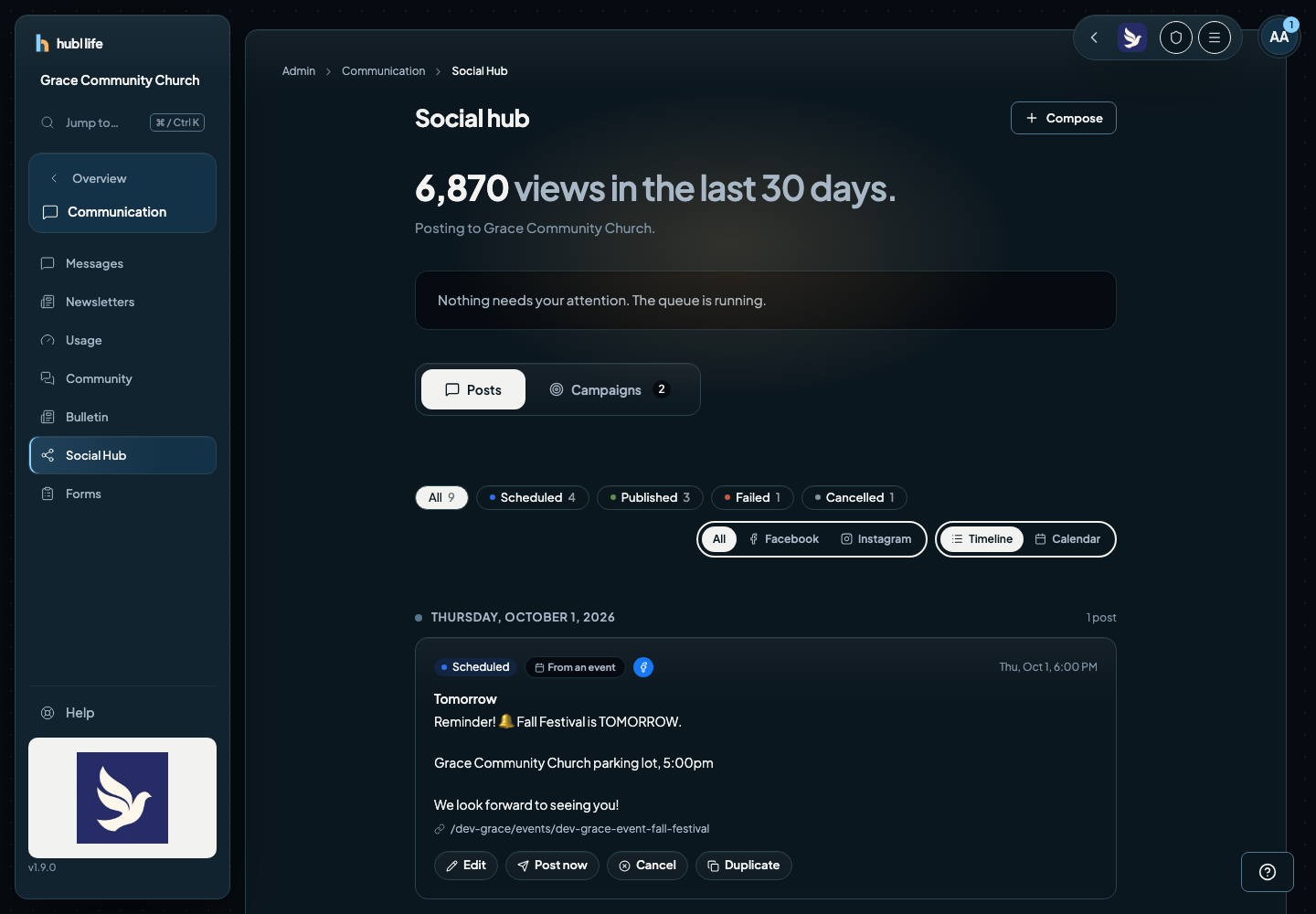The Social Hub timeline with status filter chips and posts grouped by day