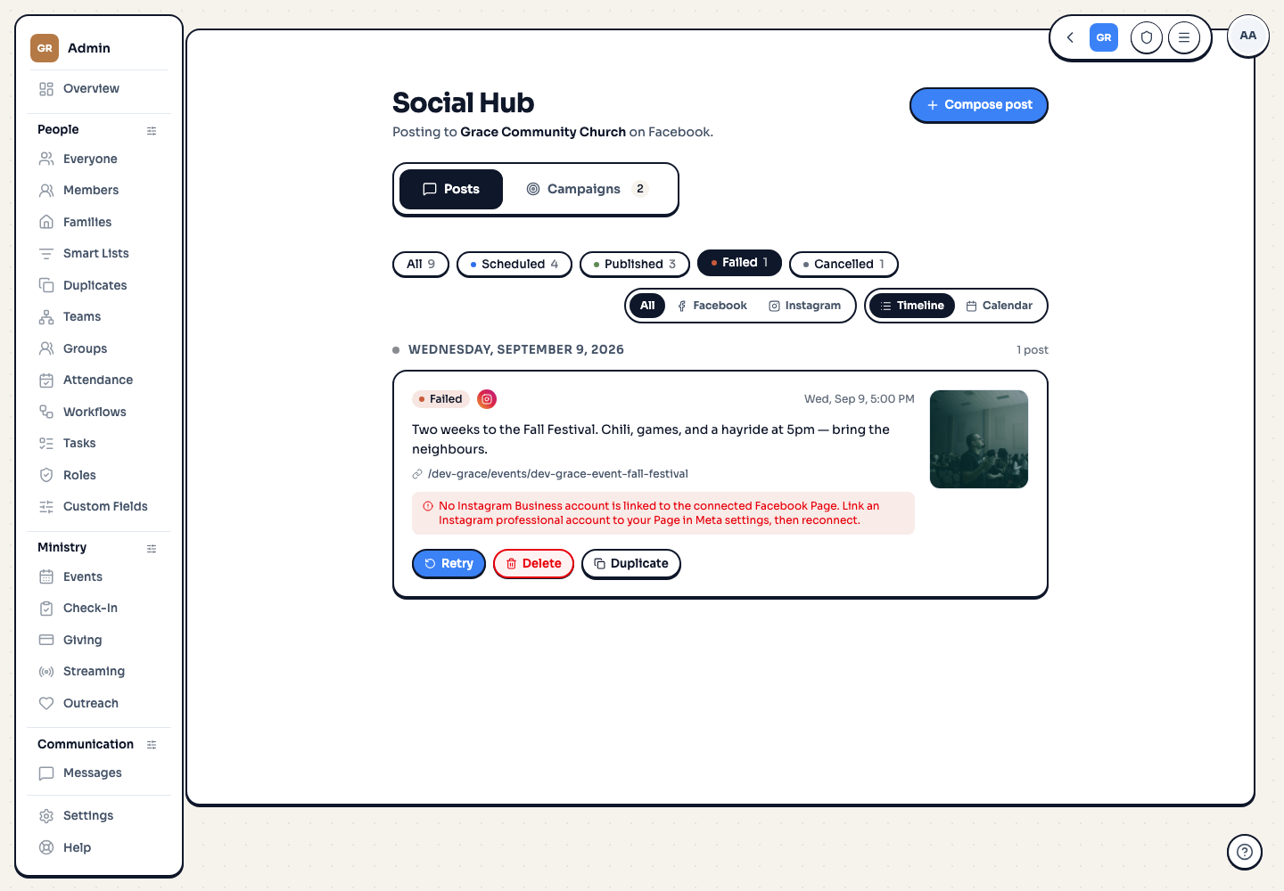 A failed post filtered on the timeline, showing the failure reason in red with Retry and Delete buttons