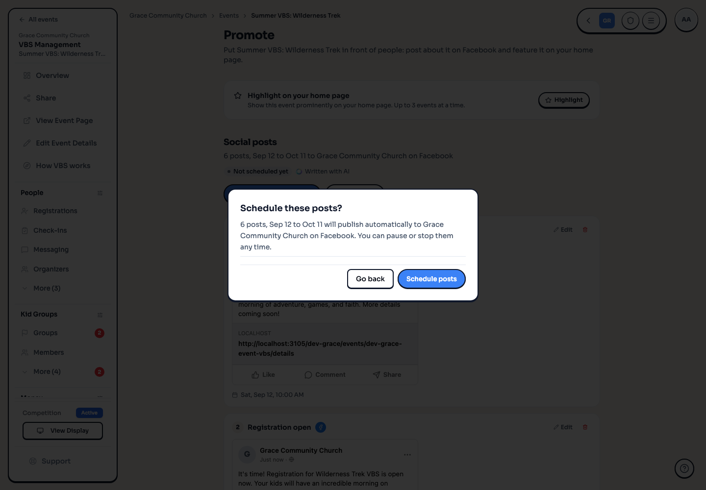 A confirmation dialog reading: 5 posts, Sep 18 to Oct 11 will publish automatically to Grace Community Church on Facebook