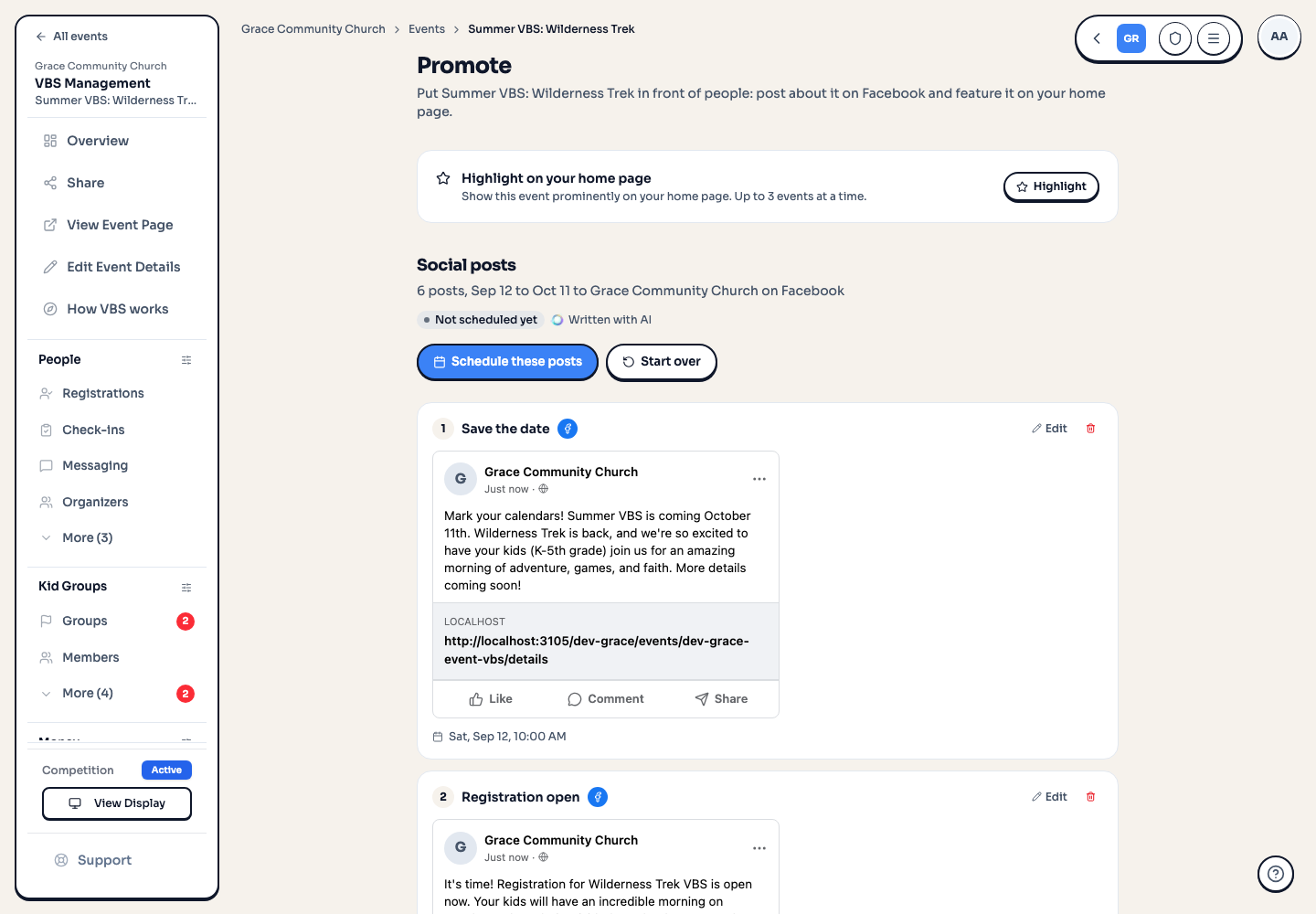 A drafted campaign showing Not scheduled yet, Written with AI, and the first post laid out as it will look on Facebook