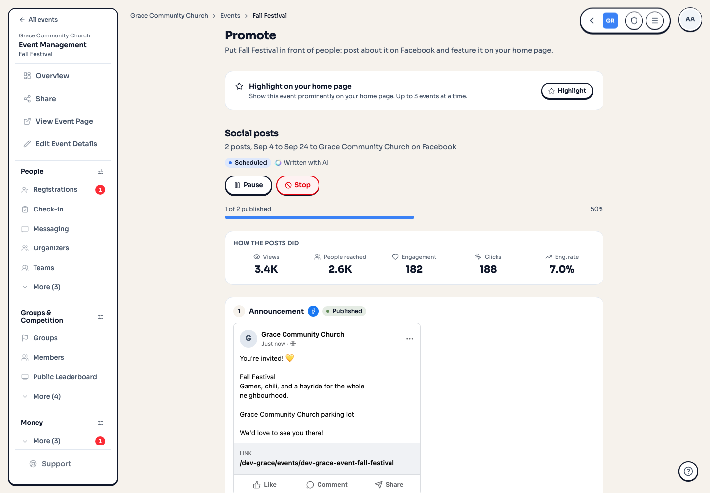 A scheduled campaign with Pause and Stop buttons, a progress bar reading 1 of 2 published, and a performance summary