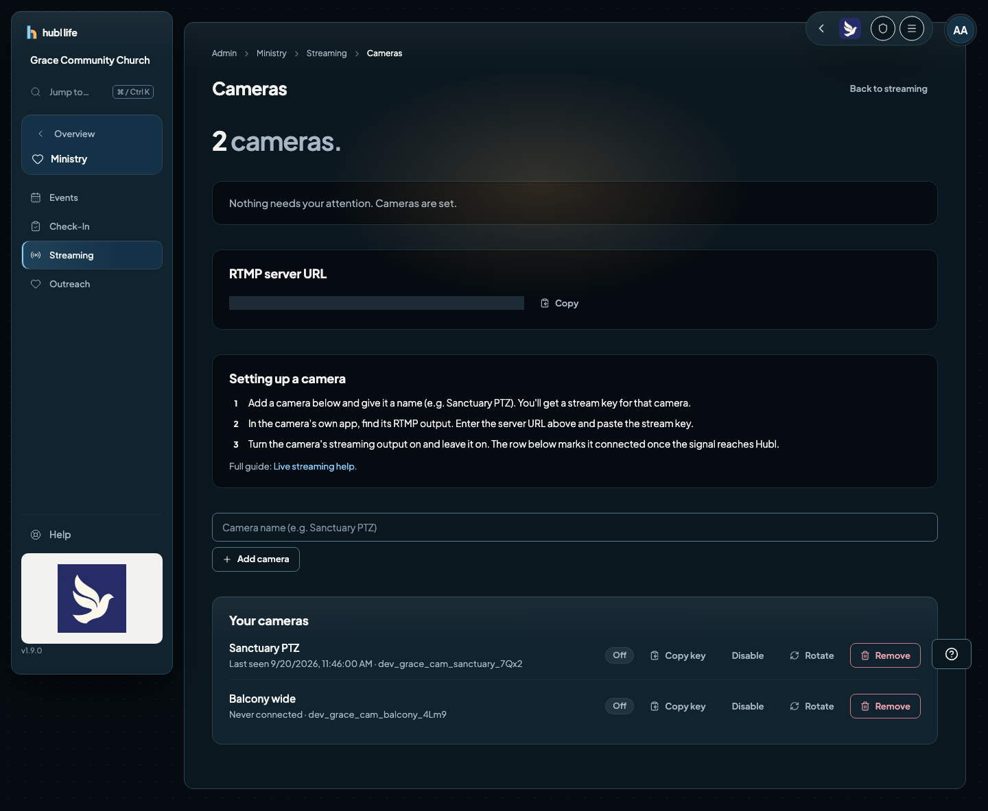 The Cameras page with the RTMP server URL hidden, the three setup steps, and two cameras: Sanctuary PTZ last seen on Sunday and Balcony wide never connected, each with Copy key, Disable, Rotate and Remove