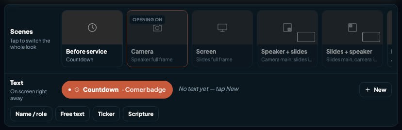 The Scenes row with Before service, Camera marked Opening on, Screen, Speaker plus slides and Slides plus speaker, and the Text row with the Countdown corner badge and the New menu open showing Name / role, Free text, Ticker and Scripture