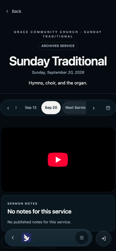 A Sunday service page on a phone-width screen, marked Archived service for Sunday, September 20, with the row of past and upcoming dates and the replay player below