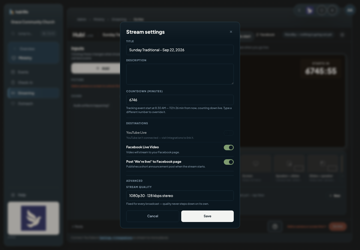 The Stream settings dialog with the title and countdown, YouTube Live greyed out because YouTube isn't connected, Facebook Live Video switched on, the option to post We're live to the Facebook Page, and the fixed stream quality