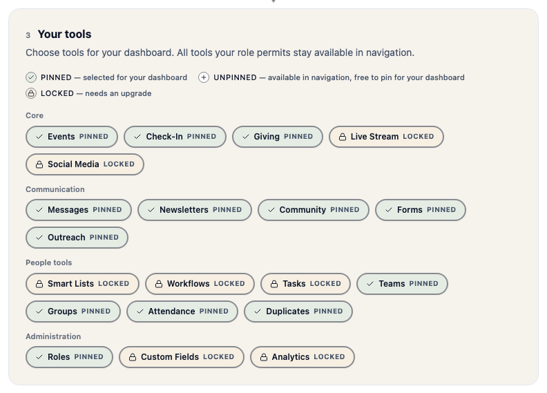 The Your tools section of How it works, explaining Pinned, Unpinned and Locked, with tools grouped under Core, Communication, People tools and Administration