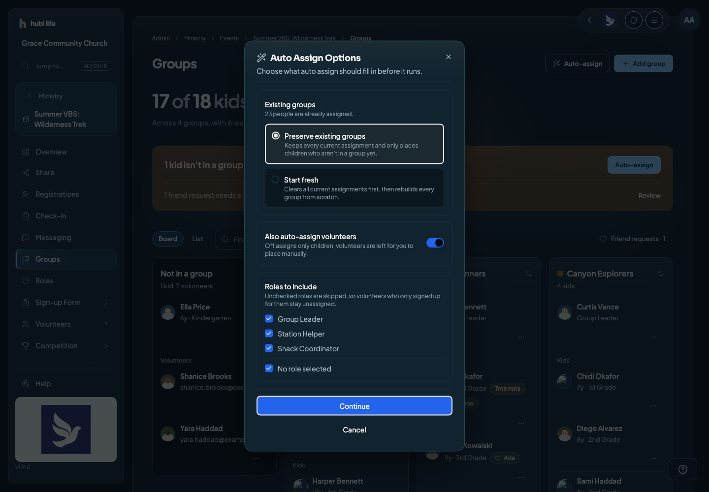 The Auto Assign Options dialog offering Preserve existing groups or Start fresh, a volunteers toggle, and a list of roles to include