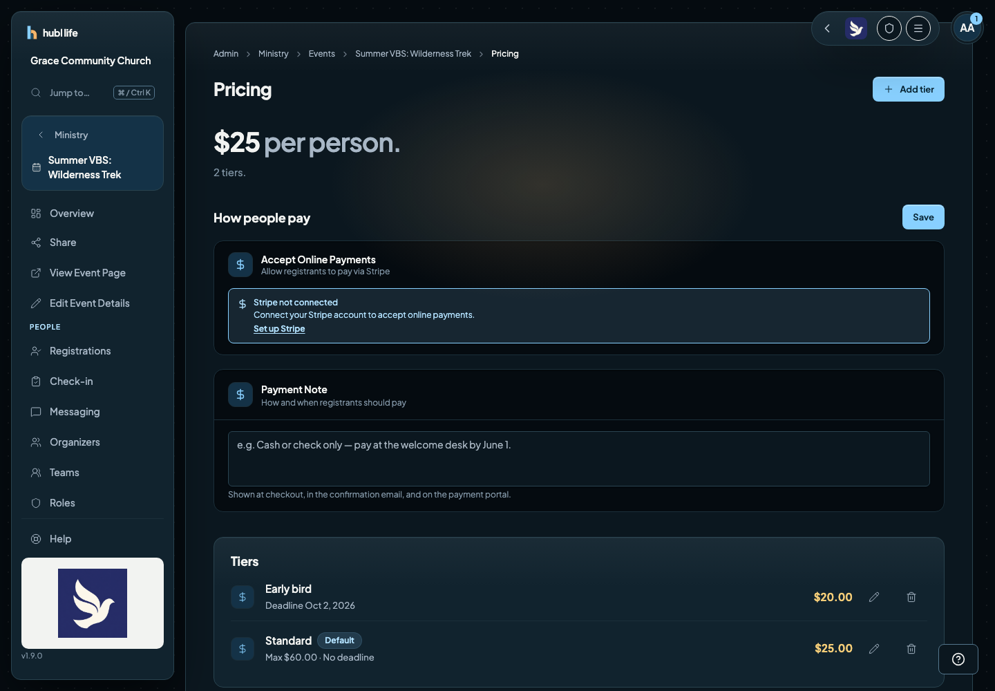 The Pricing page with an early-bird tier and a standard tier carrying a family maximum