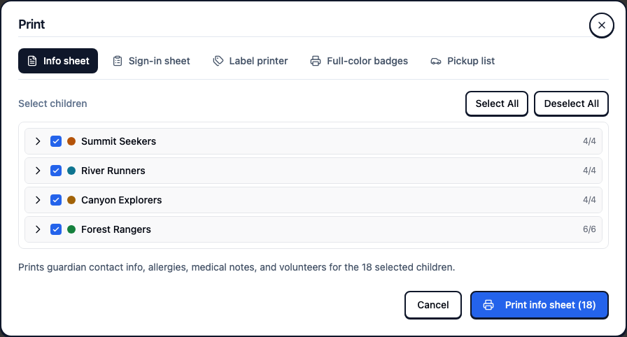 The print dialog listing Info sheet, Sign-in sheet, Label printer, Full-color badges and Pickup list, with the crews listed for selecting children