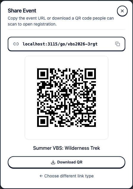 The Share Event dialog showing a short registration link with a Download QR button