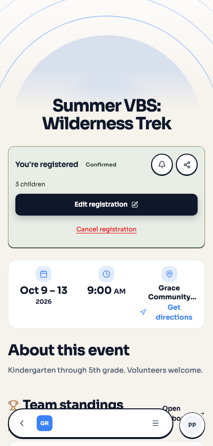 The VBS event page on a phone showing a You're registered panel with three children and buttons to edit or cancel