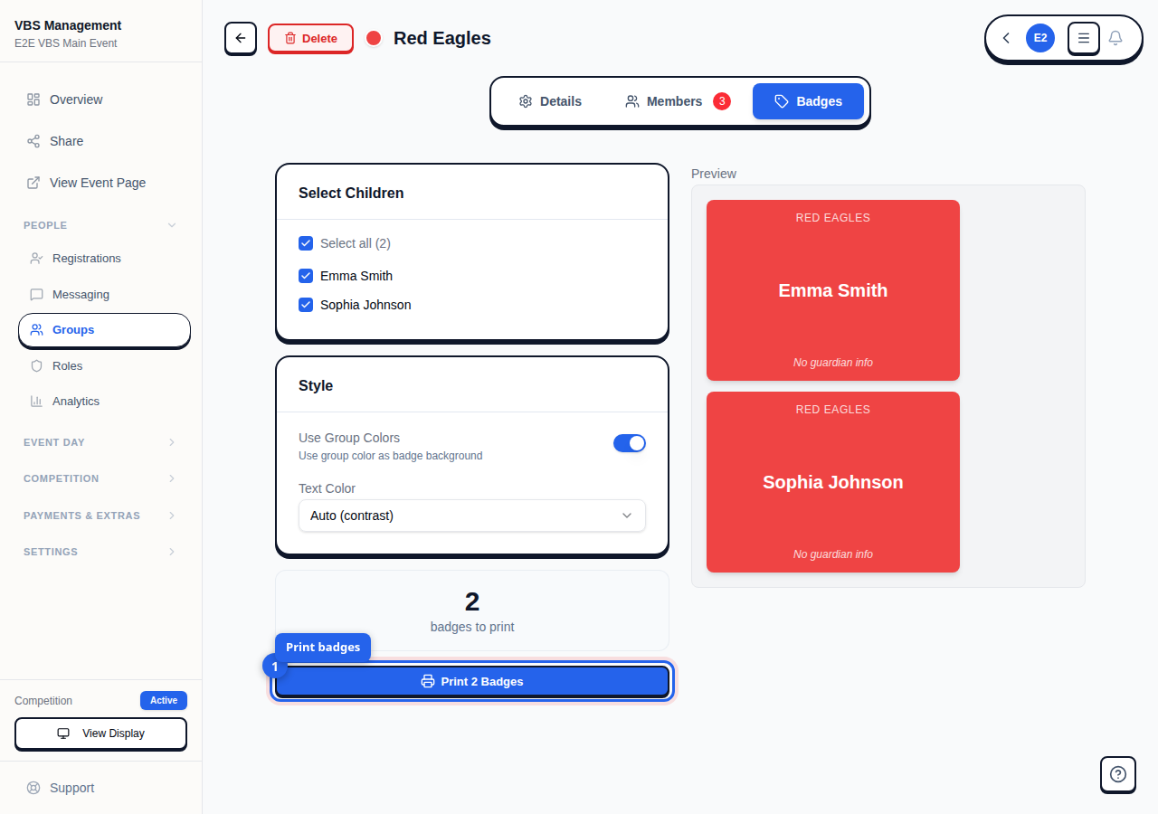 VBS group Badges tab showing child selection checkboxes, style options, and live badge previews