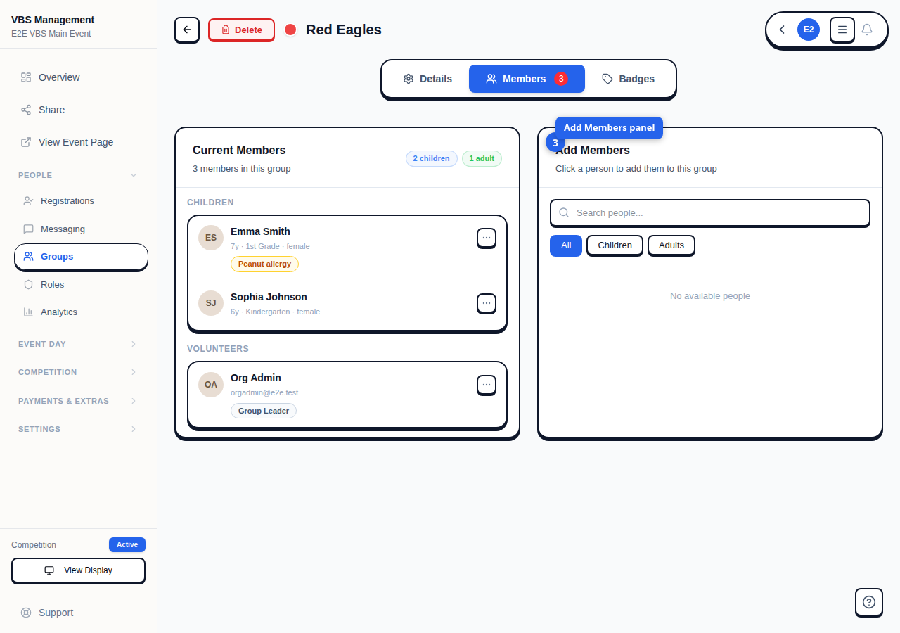 VBS group Members tab showing current members on the left and the Add Members panel on the right