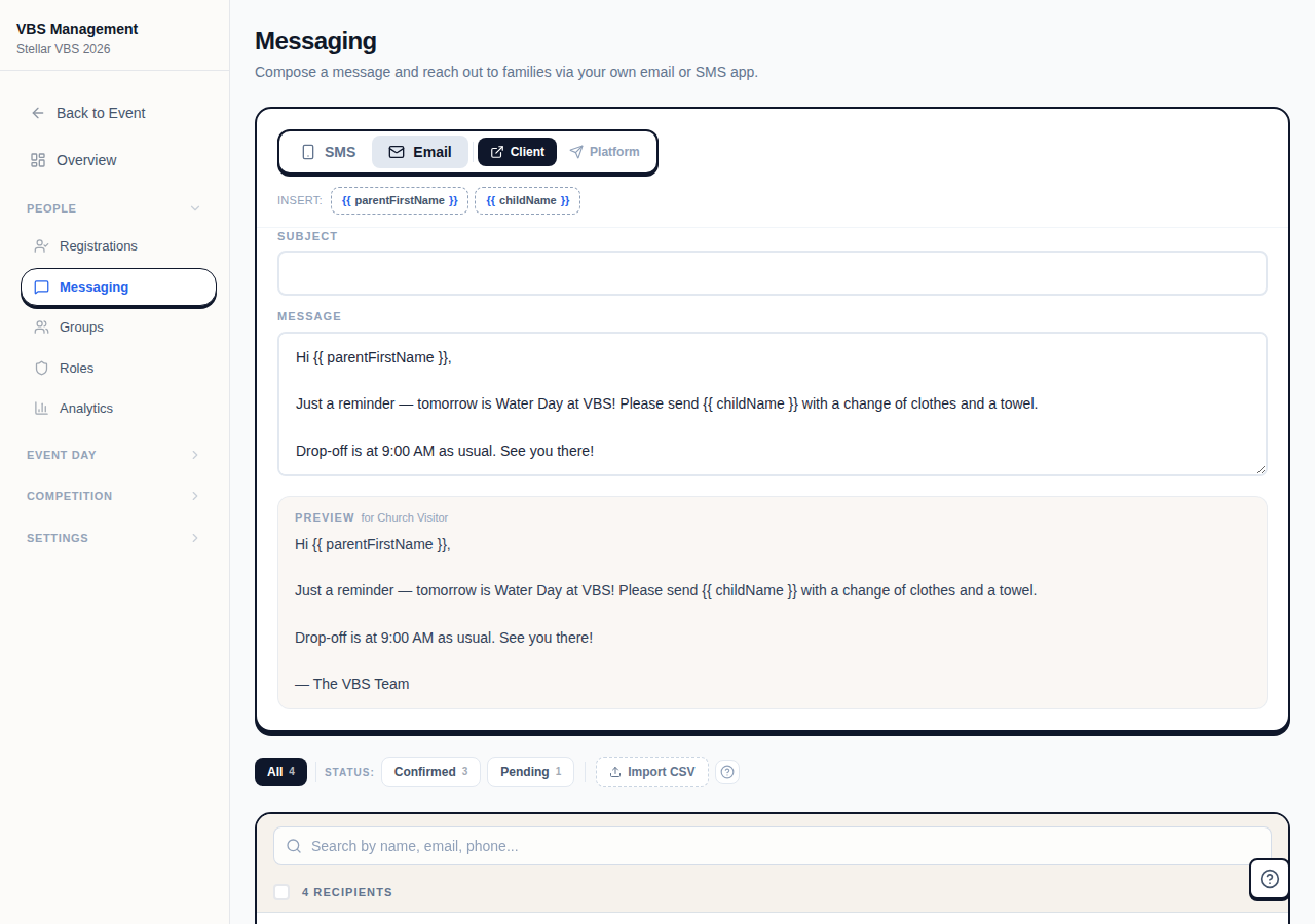 Messaging page showing compose form with template variables and recipient filters