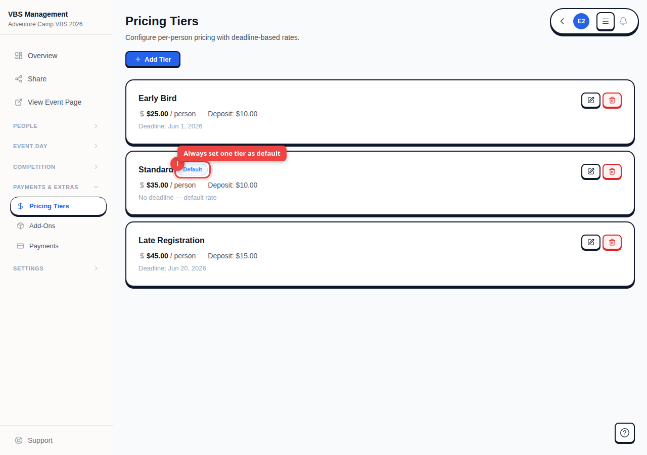 Warning banner about missing default pricing tier