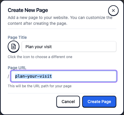 Create New Page dialog with Plan your visit as the title and plan-your-visit as the page URL