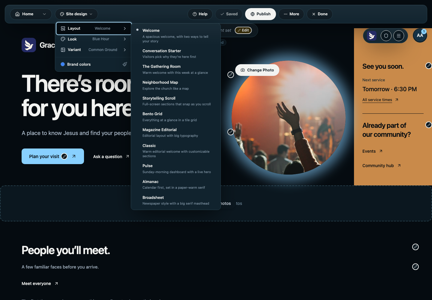 Website layout choices in Hubl’s Site design menu