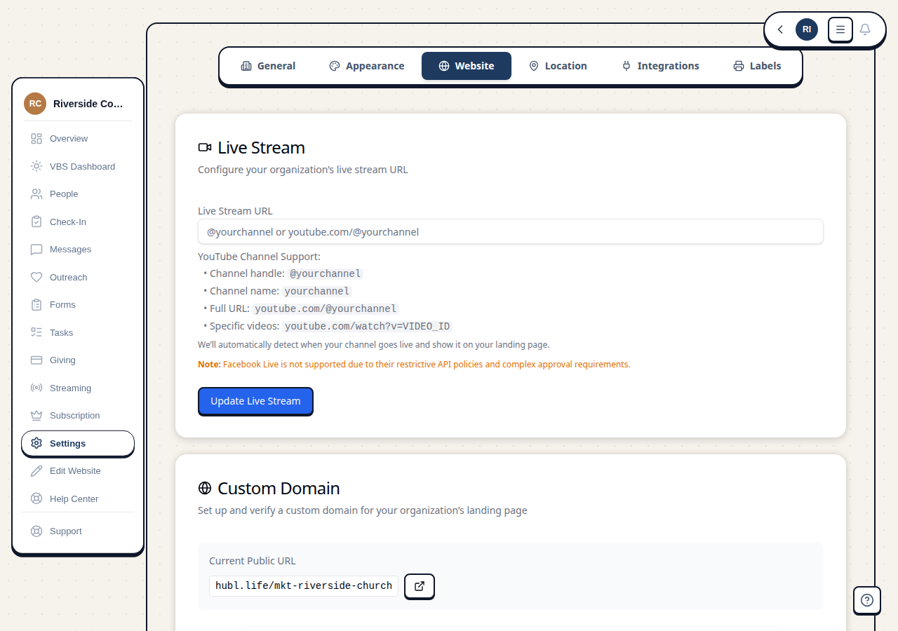 Live stream URL input