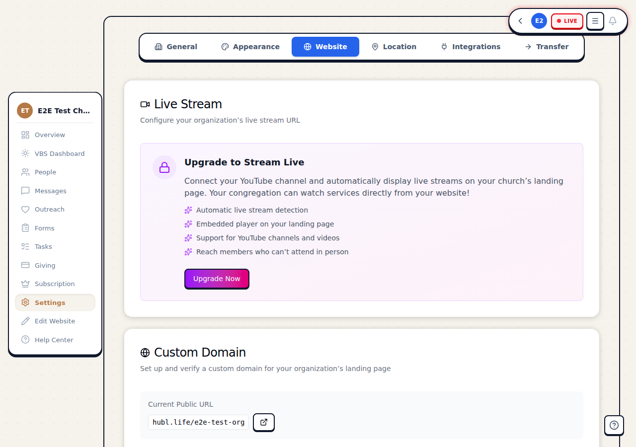 Website settings page