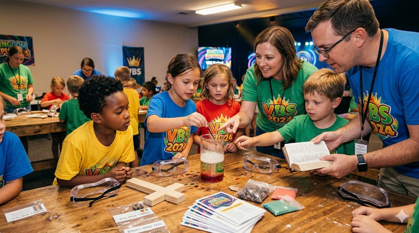 Kids doing crafts and science experiments with adult leaders