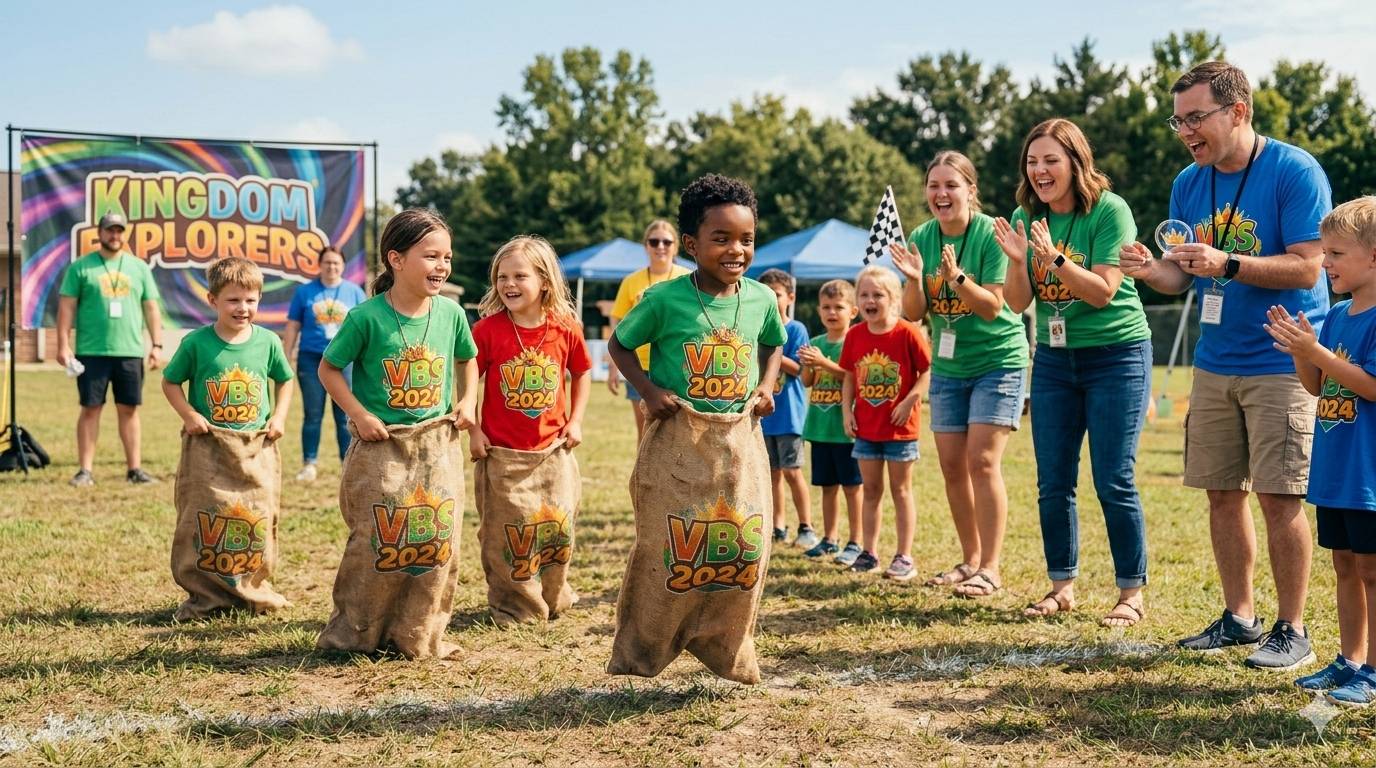 Kids playing sack races at VBS outdoor games