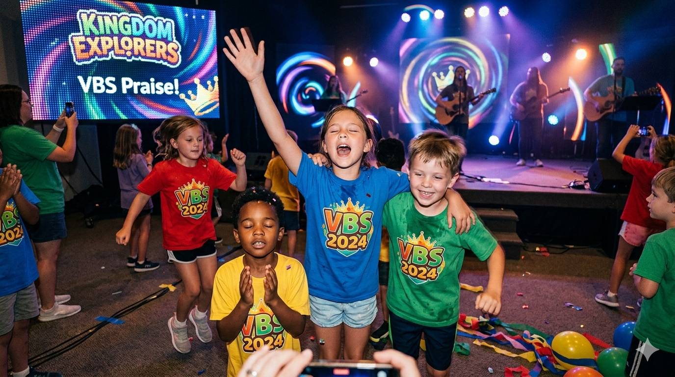 Kids worshipping at VBS praise session