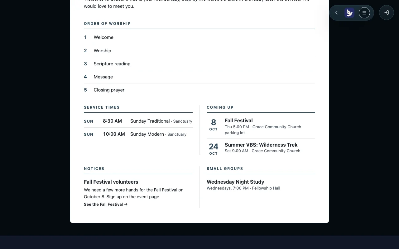 Notices and small groups in a published Grace Community Church bulletin