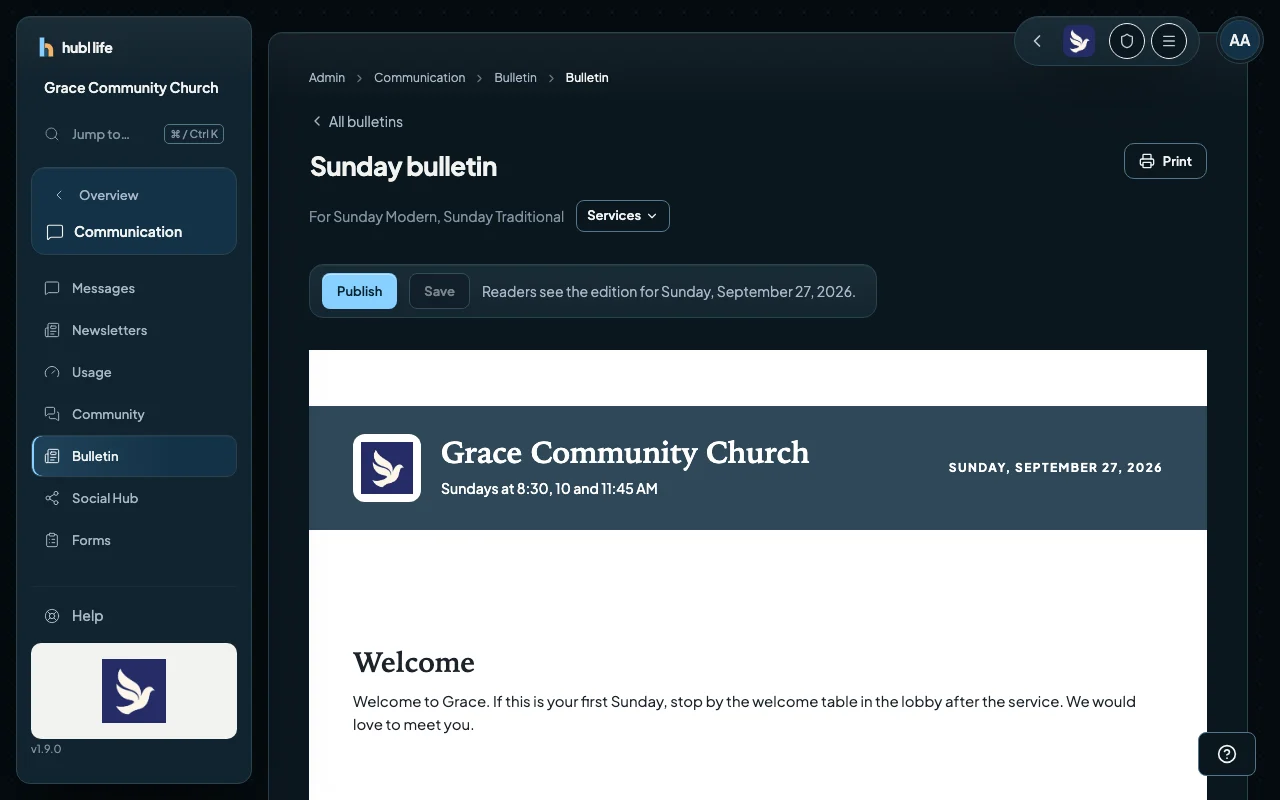 Editing the Sunday bulletin for the fictional Grace Community Church in Hubl