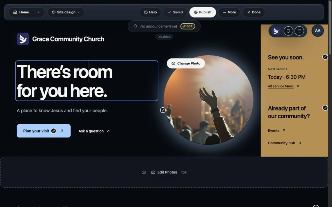 Hubl website editor open on the Grace Community Church home page